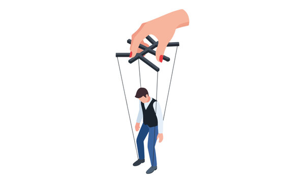 Man puppet manipulated by a controlling hand with strings