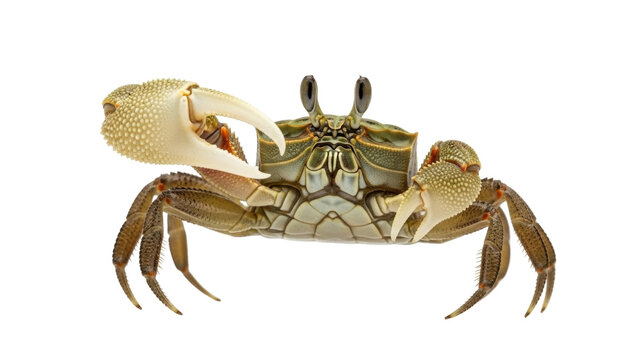 Isolated fiddler crab with one large claw is presented in a detailed eye-level shot
