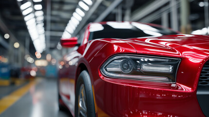 Obraz premium Red sports car rear view inside modern automotive factory production line