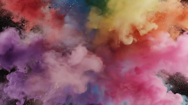 Joyful holi crowd celebration with massive color powder explosion capturing unity energy holika dhan rang panchami spring festival moment india vibrant joyful cultural tradition scene