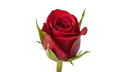 Fototapeta premium Isolated red rose blossom, close-up on blooming flower with green leaves, single stem