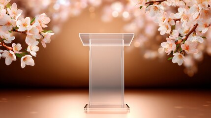 Podium with floral decoration: A transparent podium stands center stage, framed by delicate floral branches, inviting speakers to share their thoughts, illuminated by soft lighting.