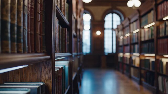 Rows of antique books on shelves in a classic library reading room