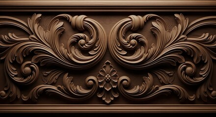 Intricately carved wooden panel with ornate floral patterns and swirling designs in rich brown tones showcasing exceptional craftsmanship and detailed texture