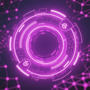 Futuristic digital interface with glowing purple circular HUD elements and network nodes