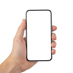 A hand holding a smartphone with a blank screen isolated on transparent background