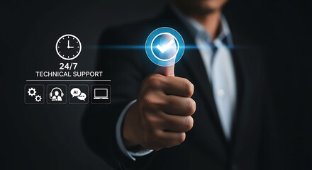 Fototapeta premium Businessman Thumbs Up For 24-7 Online Technical Support And AI Service