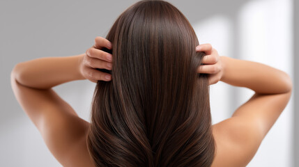 Fototapeta premium Woman touching smooth long brown hair viewed from back on neutral background