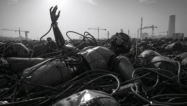 逆光の廃棄場で人型ロボットの残骸が強い陰影で浮かび上がる