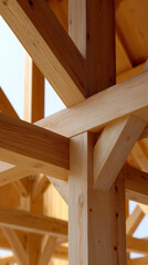 Modern wooden beam structure with intersecting timber joints in architectural detail