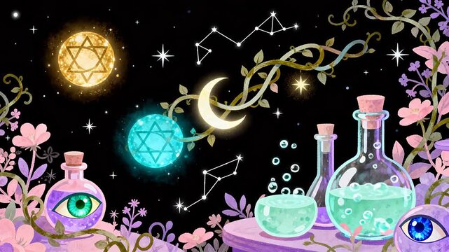 Mystical potion bottles under starry sky