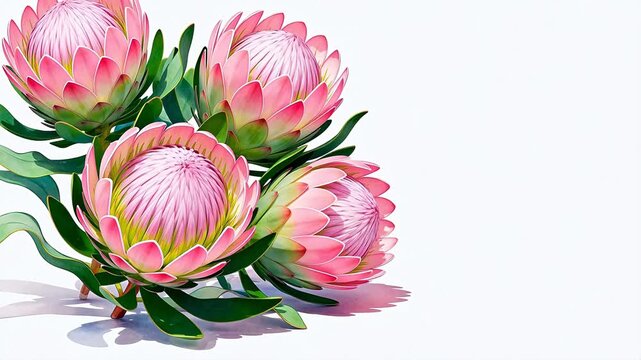 Pink protea flowers with green leaves