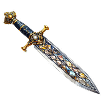 Ornate dagger illustration with jeweled hilt, detailed blade with colorful inlay, and a black handle