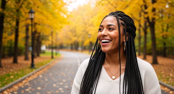 Happy young Black woman with braids smiling in an autumn park. Cheerful female enjoying a walk on a path with yellow fall foliage