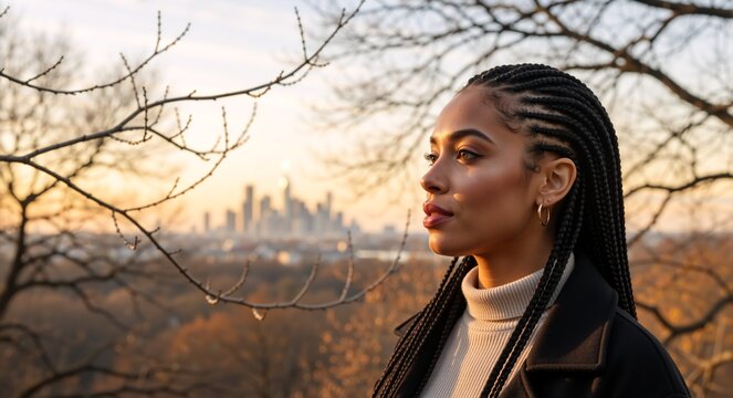 Portrait of a thoughtful young woman with braids looking at a city skyline at sunset. Contemplation and future ambition concept