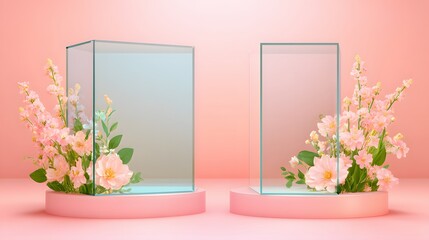 Elegant Floral Showcase: Two glass display cases, adorned with delicate pink blooms and lush green foliage, stand on soft pink platforms against a pastel backdrop.