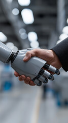 Human and robot shaking hands symbolizing collaboration between technology and industry