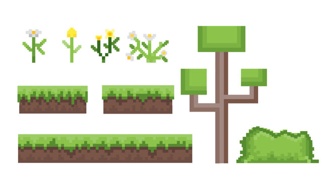 Collection of retro 8-bit pixel art nature elements, including various flowers, grassy ground blocks, a stylized tree, and a lush bush, perfect for game assets and digital design projects