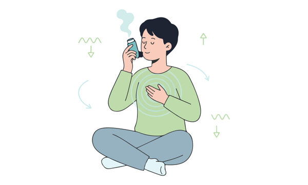 Asthmatic person using inhaler for respiratory relief, sitting