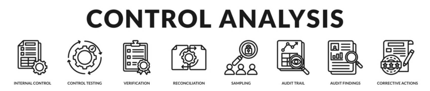 Control analysis concept focusing on systematic testing, reconciled evidence, and structured corrective implementation in Lineal Icon Style