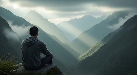 Fototapeta premium Man sitting on mountain peak meditating overlooking serene valley with sun rays piercing through clouds