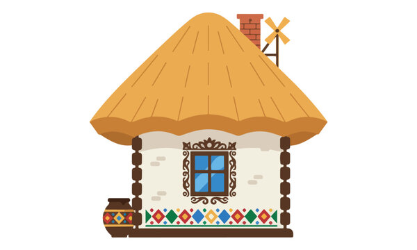 Traditional Ukrainian Hut Icon with Thatched Roof and Folk Decorations