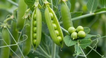 Fresh Green Peas Growing on Vine.