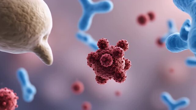 Microscopic View of Blue Antibodies Engaging with Red Pathogens CGI Medical Animation with Soft Focus Background