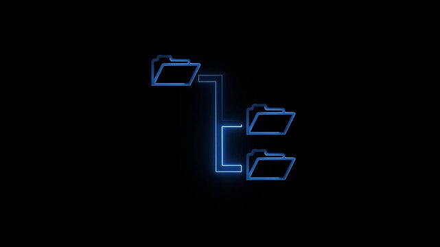 Glowing folder tree line neon icon on black background. Abstract computer network file folder icon animation. Blue neon folder to folder transfer from icon.