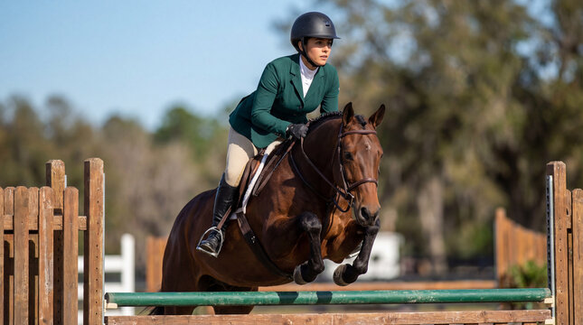 Female equestrian rider jumping over a hurdle on a brown horse. Professional woman in green jacket show jumping in an outdoor arena. Horseback riding sport