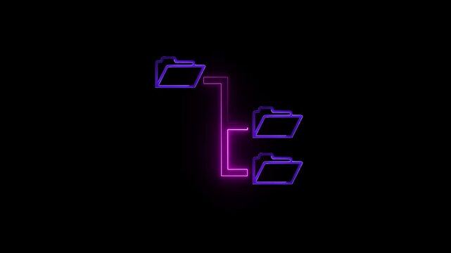Glowing folder tree line neon icon on black background. Abstract computer network file folder icon animation. Violet neon folder to folder transfer from icon.
