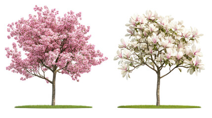 Fototapeta premium Two flowering trees on transparent background with pink and white blossoms