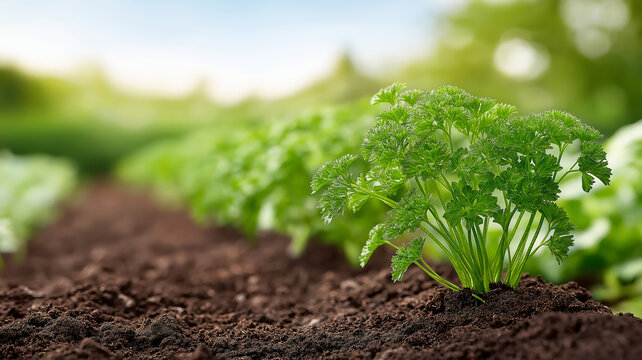 Garden bed featuring evenly spaced parsley plants growing in dark fertile soil, with lush greenery in the background under natural sunlight