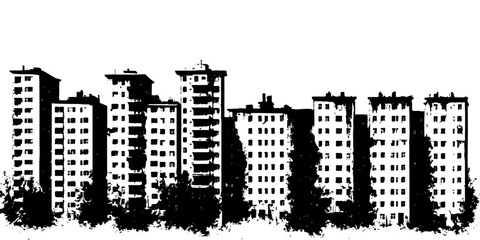Black and white urban apartment building skyline illustration modern city residential architecture © STEAM
