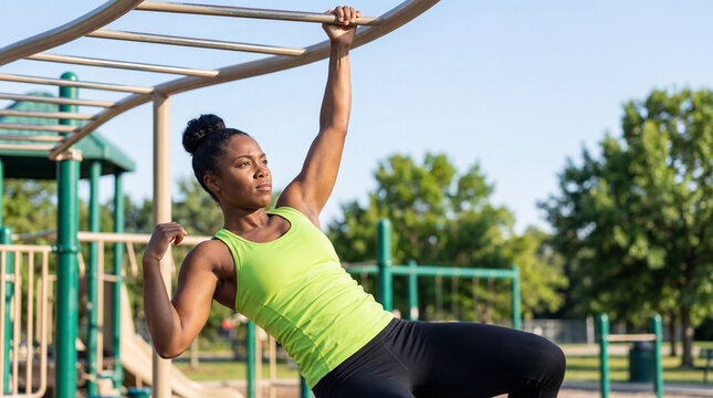 Black woman exercising on monkey bars at an outdoor park. Fit female athlete doing a bodyweight workout. Strength and fitness concept