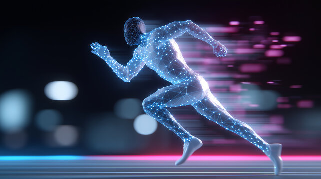 Digital hologram runner in motion representing speed and futuristic sports technology