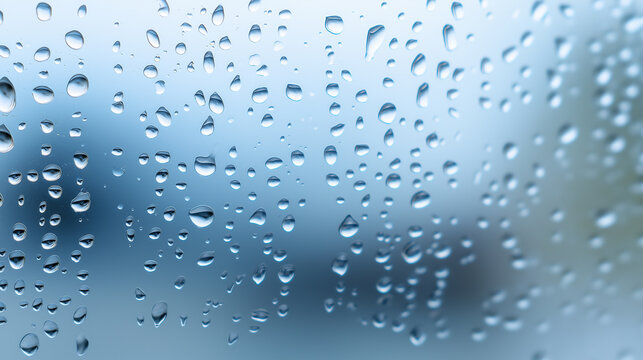 Water droplets on glass surface with blue gradient background in macro detail