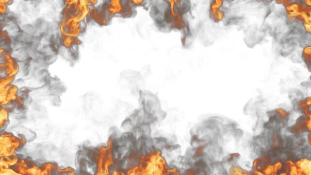Cinematic fire frame with realistic orange burning flames and thick smoke bordering a black copy space center for heat power and destruction design on transparent background