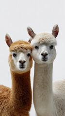 Fototapeta premium Two alpacas standing side by side isolated on white studio background