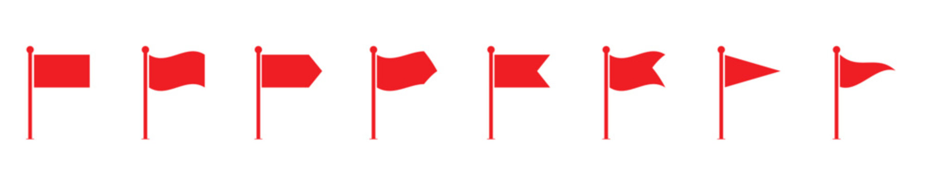 Collection of eight distinct red flags presented on poles in a linear arrangement. These versatile flag graphics can represent different signals warnings or markers.
