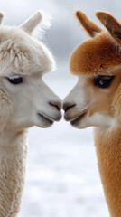 Fototapeta premium Two alpacas facing each other isolated on white background with soft studio lighting