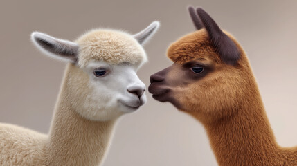 Fototapeta premium Two alpacas facing each other isolated on white background with soft studio lighting