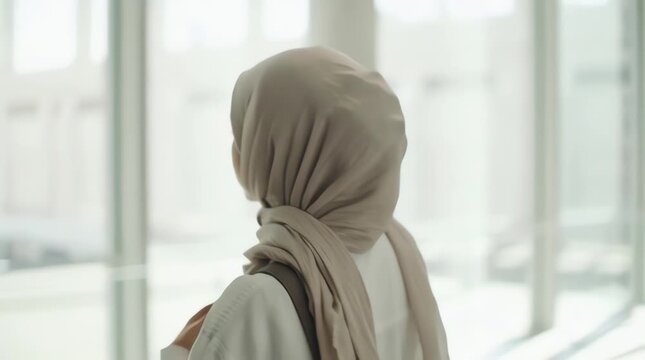 An Asian woman wearing a modest Islamic hijab quietly observing a painting in a modern art gallery. She stands