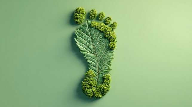 A green footprint made of leaves and moss on a light green background.