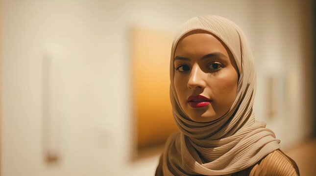 A back view of an Asian woman wearing a modest Islamic hijab, standing quietly in a modern art gallery while observing