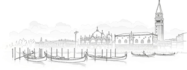 Fototapeta premium Sketch of Venetian canal with gondolas and historic buildings under a cloudy sky