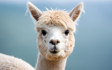 Fototapeta premium Close-up portrait of a fluffy white alpaca with expressive eyes and curious look