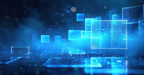 Obraz premium Abstract digital landscape. Glowing blue squares float above textured surface. Futuristic scene evokes technology, data streams, innovation.