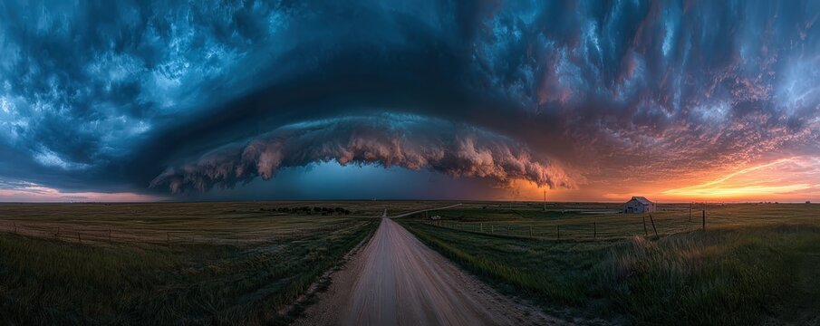 A dramatic storm cloud formation looms over a rural road and farmland during sunset, with vibrant colors and intense weather conditions.