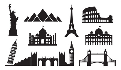 Global Travel Landmark Silhouettes in Minimal Black Vector Style